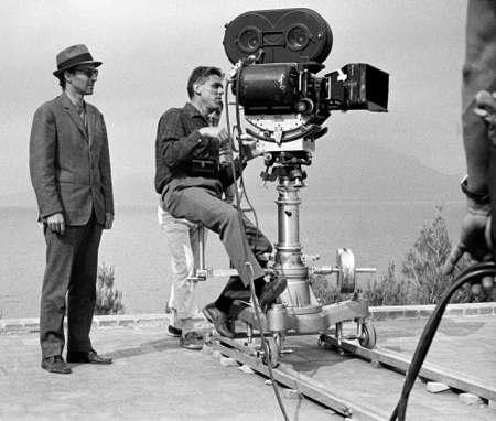 Jean-Luc Godard (left) on the set of "Le Mepris", 1963